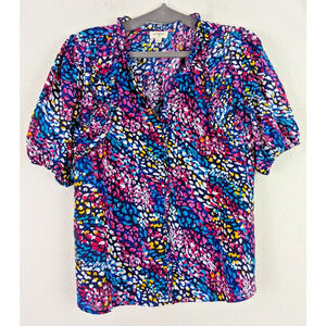 Umgee USA sz L Blouse multi color print puff sleeves ruffly accents top 1786